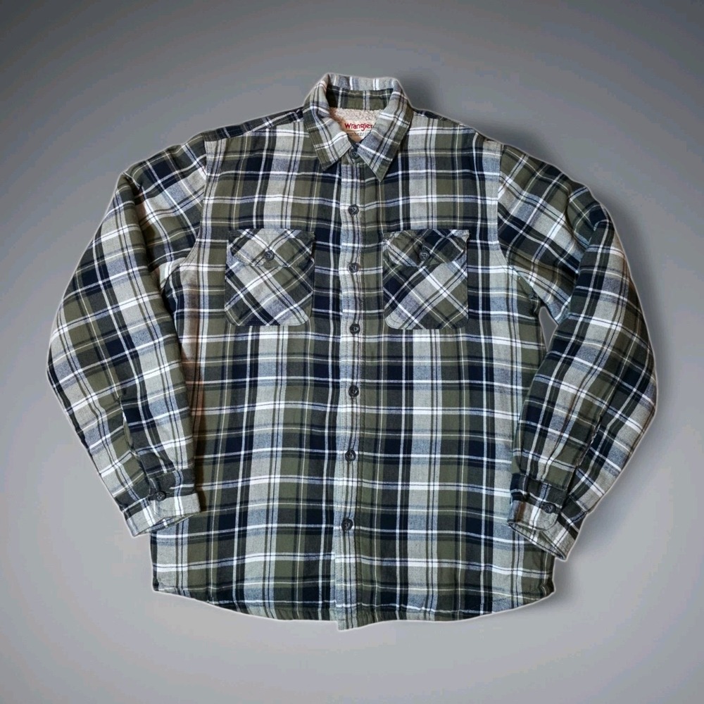 Wrangler Mens S Sherpa Lined Flannel Shirt Jacket Green Plaid Snap Front